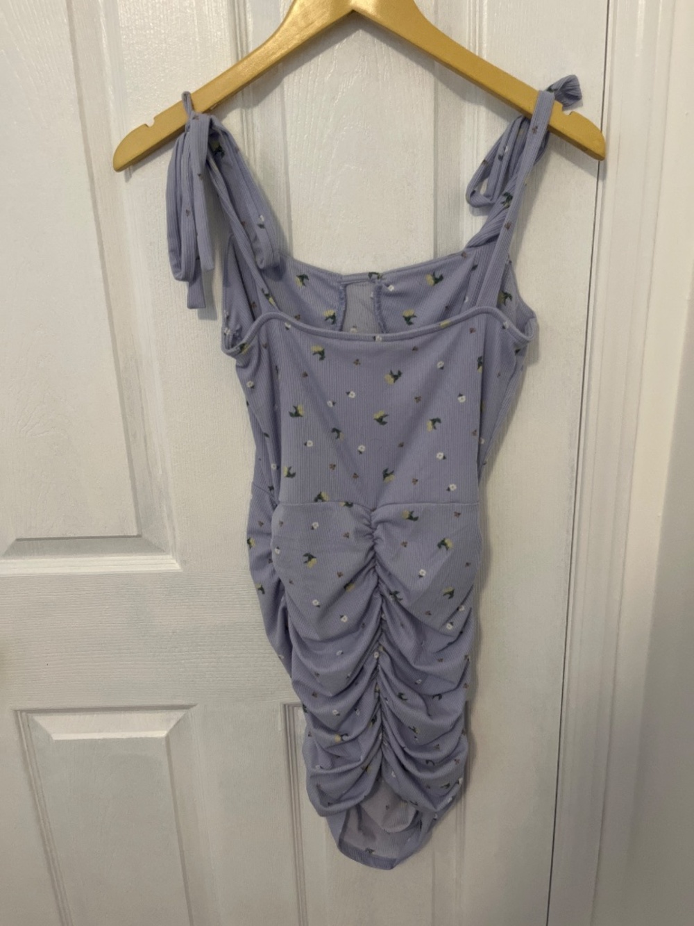 Periwinkle Floral Ruched Mini Dress w/ Tie Straps (Never Worn) - Picture 2 of 5